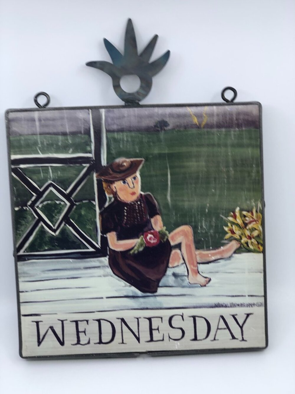 Nancy Thomas Rare “Wednesday”1994 FolkArt Plaque Metal Wall Hanging Signed 10x10